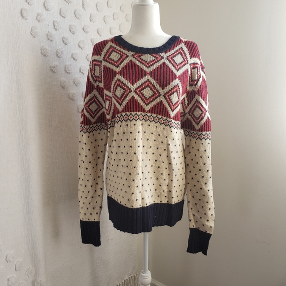 Winter Jaquard Red Blue and Cream Sweater - Picture 1 of 12